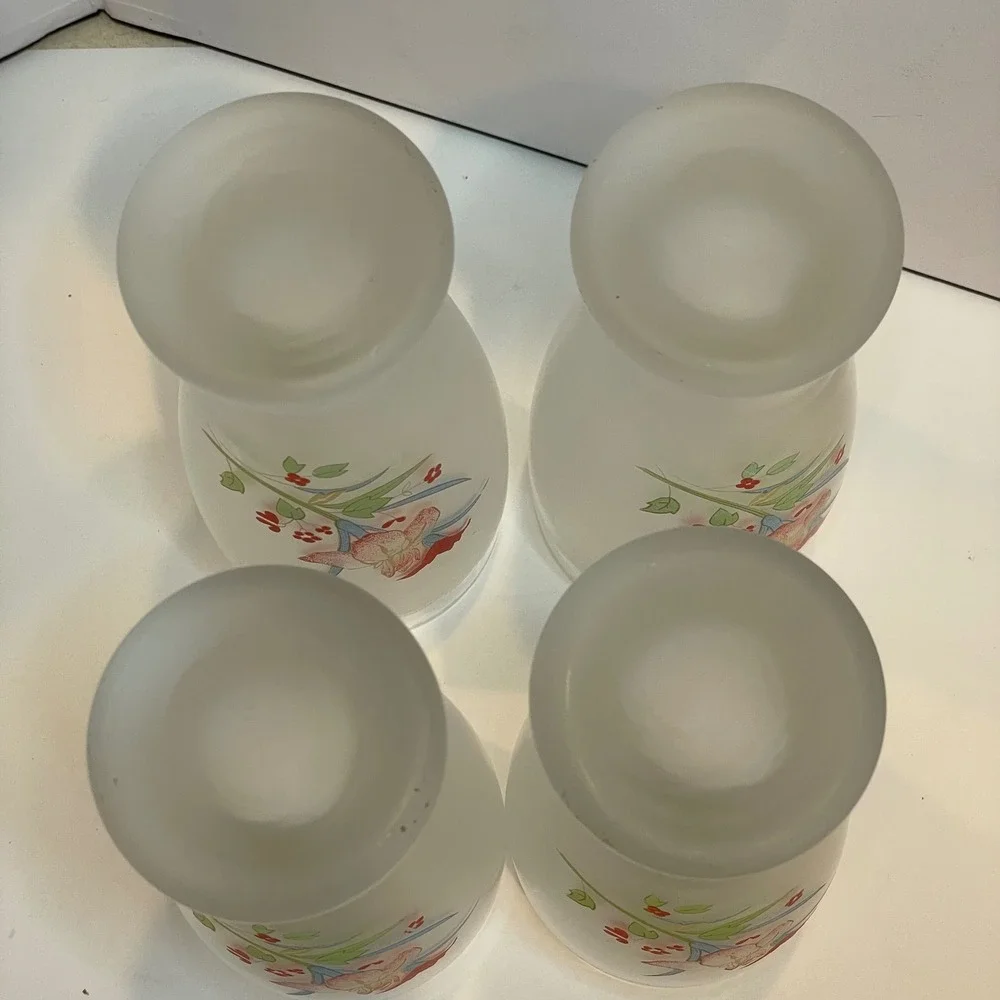 Vintage Frosted Glass Floral Iris Tumbler Set of 4 White Lace Trim 6 inch Tall